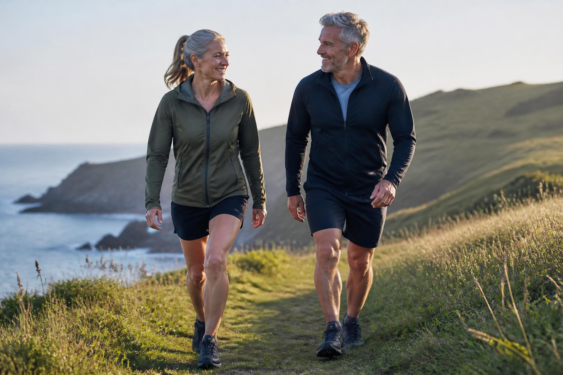 Fit couple in their fifties hiking a coastal trail in morning light